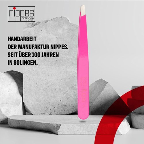 nippes Solingen Tweezers with Oblique Tip, Pink, Stainless Steel, 9.5 cm Length, Eyebrow Plucking, Tweezers Pointed for Precise Hair Removal