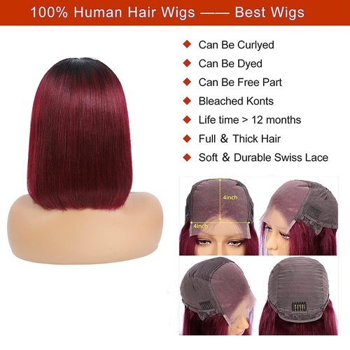 Jinhongze Burgundy Bob Wig - 4x4 Lace Front Bob Wig for Black Women - Glueless & Pre-Plucked - 150% Straight - 10 Inch