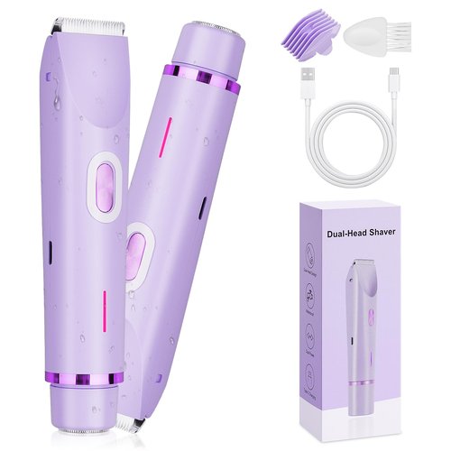 Beffkkip Ladies Electric Razor, 2 in 1 Dual Head Shaver Women, Bikini Trimmer for Women Personal Body Face Leg Arm Hair USB Charge Waterproof Wet and Dry (Purple)