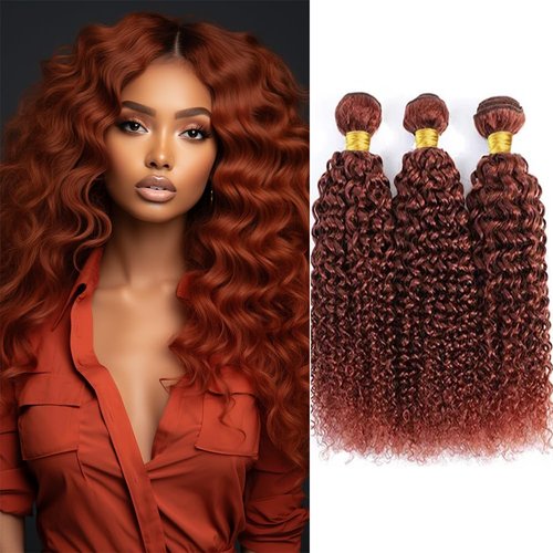 QEUOPE Auburn Kinkycurly Bundles Human Hair Color 33 Reddish Brown Deep Curly Wet and Wavy Bundles Double Weft Brazilian Hair Extensions Silky and Soft for Women (8 10 12 inch 3 Bundles)