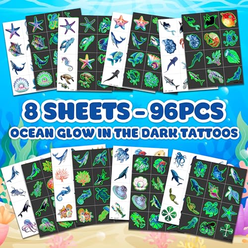 96 PCS Ocean Pre?Cut Luminous Temporary Tattoos Themed Birthday Party Decorations Favors Supplies D?cor Glow In The Dark Shark Sea Turtle Tattoo Stickers Gifts For Game Boys Girls (Glow in the Dark)