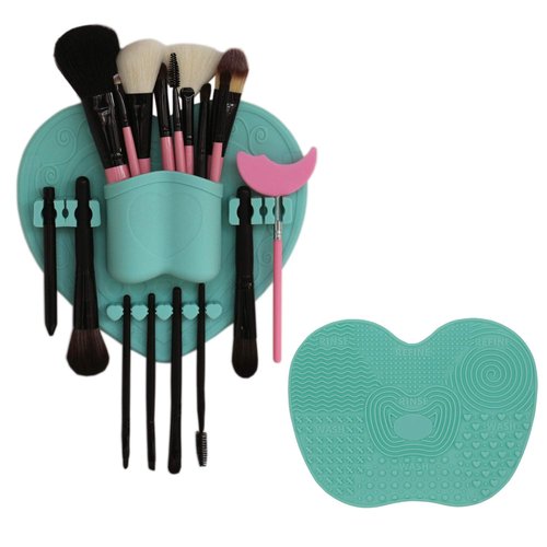 LORMAY Silicone Makeup Brush Organizer + Makeup Brush Cleaning Mat - Brush Holder for Air Drying. Easy to Mount to Wall, Mirror, Dresser or Tile (Mint Green)