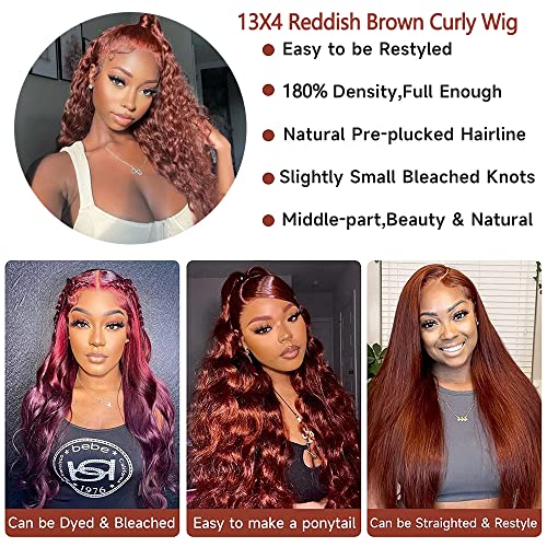 Siyun Show 13x4 Reddish Brown Deep Wave Lace Front Wigs Human Hair Wigs for Black Women Auburn Deep Curly Human Hair Wig 32 Inch