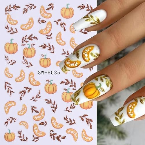 Pumpkin Nail Art Stickers Fall Maple Leaf Nail Decals 6PCS Maple Leaves Pumpkin Nails Design 3D Self-Adhesive Nail Art Supplies Fall Stickers for Nails Thanksgiving Day Women DIY Manicure Decorations