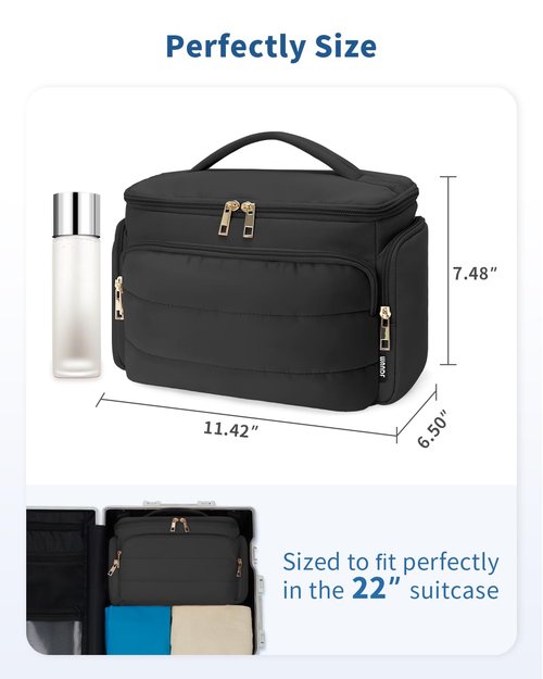 WANDF Travel Toiletry Bag for Women, Wide-open Large Makeup Bag with Handle, Puffy Makeup Organizer for Toiletries, Cosmetics, Accessories, Essentials (Black)