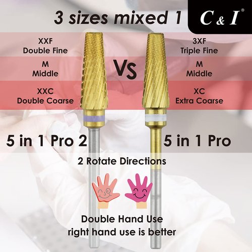 C & I 5 in 1 Nail Drill Bit, Mixed Sizes Edition, Cross Teeth, 2 Way, Professional Multi-function Nail Drills for Electric Manicure Drill Machine, Shank 3/32” (Pro)