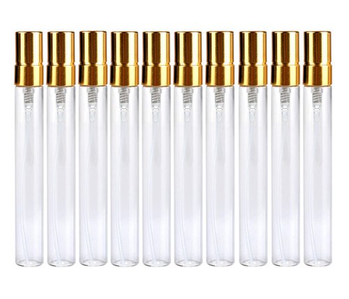 JJKMALL- 10pcs Slim Fine Mist 10ml 1/3oz Gold Atomizer Clear Glass Bottle Vial Spray Refillable Liquid Fragrance Perfume Empty Scent Bottle Free 3ML Free Pipette for Travel Makeup Party
