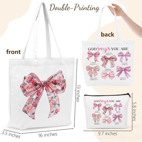 Christian Gifts for Women, Girls Preppy Bow Canvas Tote Bag Makeup Bag Set, Inspirational Bible Verse Religious Gifts Birthday Anniversary Nurse Mothers Day Reusable Grocery Bags Travel Cosmetic Bags
