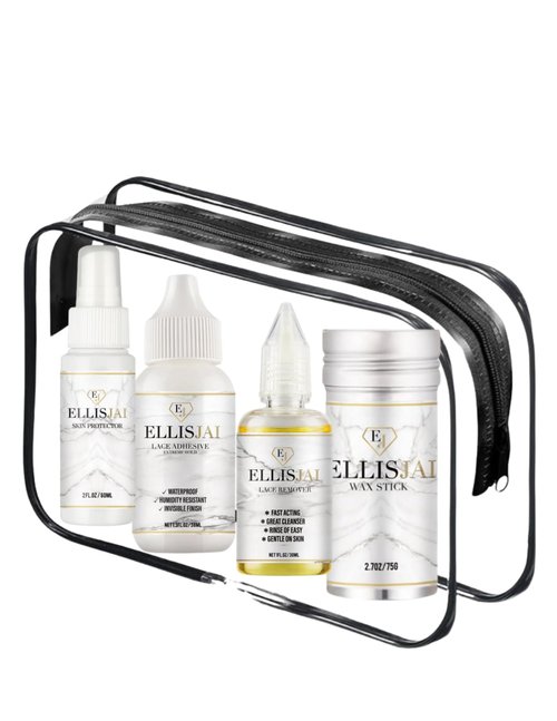 Get Your Glam On with the Complete ELLIS JAI Lace Wig Care Kit!" includes, 1 Max hold adhesive, 1 remover, 1 wax styling stick, and 1 full-size edge control with applicator stick.