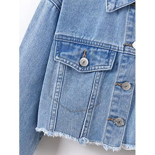 Verdusa Girl's Raw Hem Crop Denim Jacket Long Sleeve Shacket Single Breasted Spring Fall Outerwear