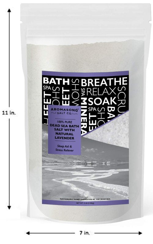 Aromasong Pure Dead Sea Salt for Soaking with 100% Natural Lavender, 5 LB - Spa Bath Salt Fine Grain - Body Wash Scrub - Soak for Women & Men- Bulk Resealable Pack (Packaging May Vary)