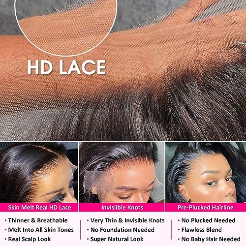 Pizazz 13x6 HD Transparent Lace Front Wigs Human hair Pre Plucked 180 Density Brazilian Body Wave Frontal Wigs Human Hair with Baby Hair Natural Hairline Natural Black Color 24Inch