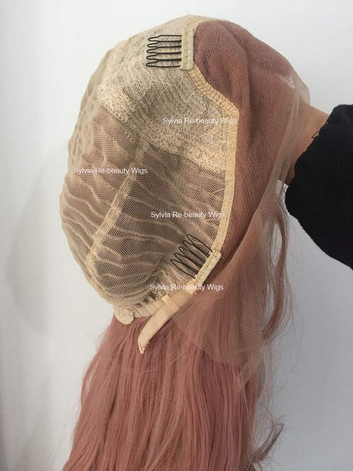 sylvia Peach Pink Lace Front Wigs Long Curly Wave Layered Dusty Pink Heat Safe Synthetic Hair Lace Front Wigs Decent Parting Space Transparent Lace for White Pale Scalp for Drag Queen…