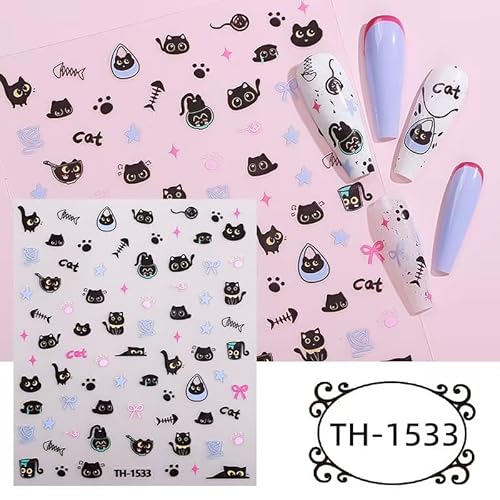 Black Cat Nail Art Stickers, 8 Sheets, Cat Nail Stickers,Cartoon Animal Self-Adhesive Nail Decals Supplies Cute Cartoon Manicure Sliders for Women Girls Nail Art Decorations