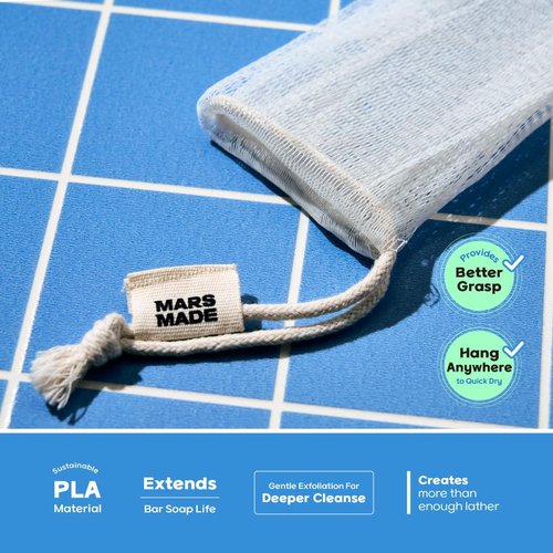 MARS MADE PLA Mesh Soap Saver - Plant-Based Exfoliating Net Bag for Shampoo, Conditioner & Body Bars - Travel-Friendly Foaming Shower Soap Scrubber Pouch with Breathable Mesh & Hanging Loop