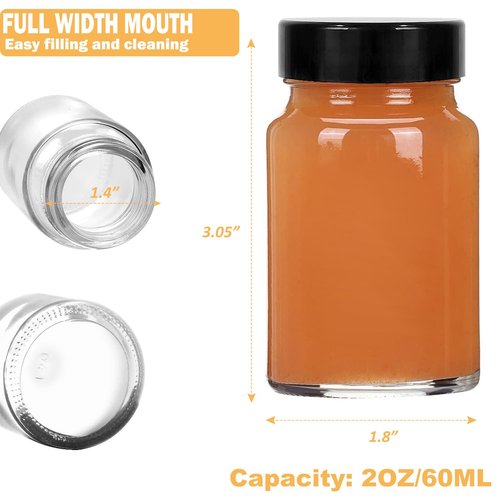 2 oz Small Clear Glass Bottles with Lids - 12 Pcs Wide Mouth Shot Bottles with Caps for Ginger Shots, Juice, Potion, Liquids, Whiskey - Mini Travel Bottles with Funnels, Stickers (12PCS-Clear)