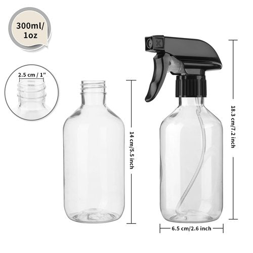 Arkeiliy 2-Pack Leakproof Spray Bottles (300ml/10oz) - Adjustable Nozzle for Fine Mist & Jet Stream | Premium Refillable Plastic Bottles for Hair Styling, Plant Misting, Cleaning Solutions (Clear)