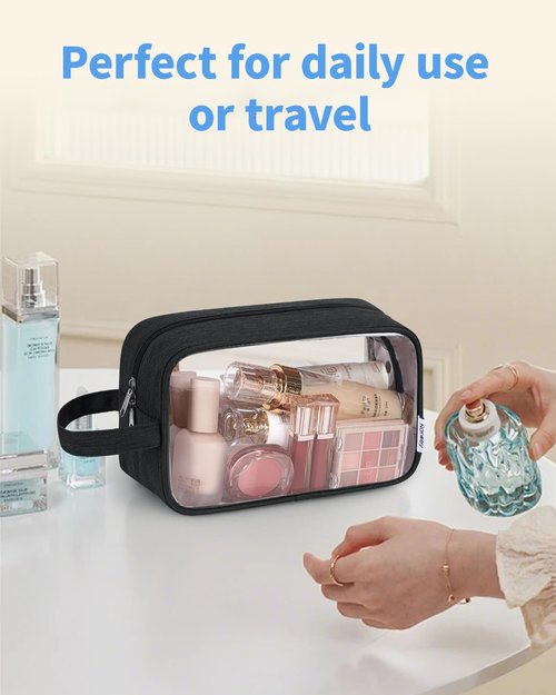 Narwey Clear Travel Toiletry Bags for Traveling Toiletries Men Women, Clear Makeup Bag Cosmetic Bag with Zipper, Make Up Pouch Organizer Bag with Handle, Skincare Beach Snack Medicine Bag, Black