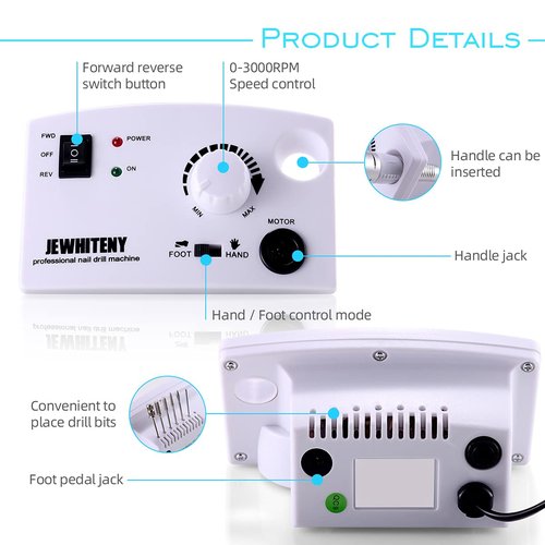 JEWHITENY Professional Nail Drill Machine 30000RPM Light Electric Acrylic Nail File Kits for Remove Nail Gel Polish Nail Drills for Acrylic Nails Design for Home Salon Use 110-240V(White)