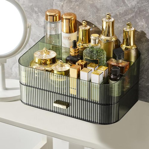 Makeup Organizer With Large Capacity, Cosmetics Organizer for Bedroom and Bathroom Vanity Countertops, Huge Capacity Cosmetic Storage Box for Skincare Cream Perfume Lipstick Dresser Counter-Green