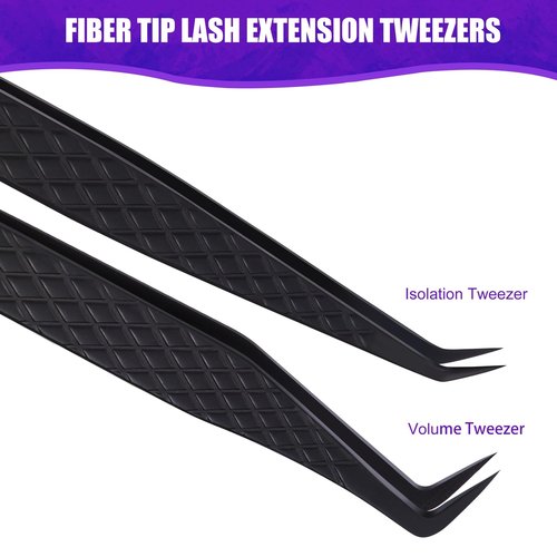 Fiber Tip Lash Tweezers for Eyelash Extension, High Precision Eyelash Tweezer Set with Diamond Grip, Lash Extension Tweezer Kit for Classic & Volume Lashes, Must-Have Tweezers for Lash Artists