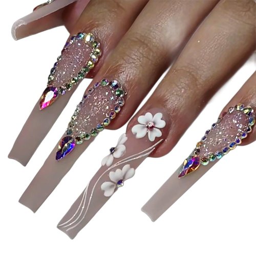 Set White Heart 3D Flowers for Nails, Handmade 3D Acrylic Flowers for Nails, Small Flower Nail Charms Rhinestones Gems by Acrylic Powder Design Deco Nail Art Women Girls (White Heart)