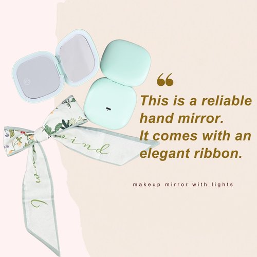 YABAHU Makeup Mirror with Lights - Dual-Sided Green LED Pocket Mirror, 1X/5X Magnifying Travel Mirror, 3 Light Modes, Rechargeable Handheld Mirror for On-The-Go Makeup, Grooming, and Gifts