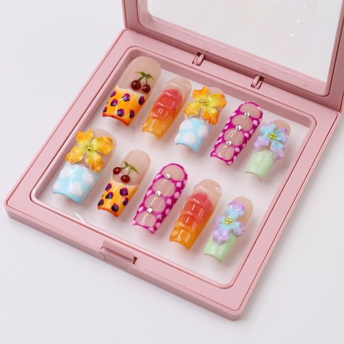 Handmade Press on Nails Long Square Thick Acrylic Nails Tropical Flower Fake Nails with Glue,False Nails with 3D Cherry Designs French Tip Reusable Nature Stick on Nail for Wome (Size M)