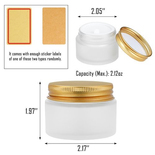 RAMFIYN 12 pack Small Clear Frosted Glass Cosmetic jars with Golden Metal Lids 2oz Bulk for Sample Lotion Cream Travel Jar Cosmetic Container