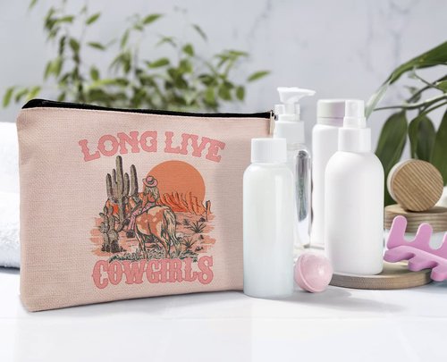 Dwept Pink Cowgirl Cosmetic Bag, Western Supplies for Women Makeup Bag for Purse, Western Makeup Bag, Long Live Cowgirls Preppy Gifts Cowgirl Gifts Pouch Bags, Western Bags for Women
