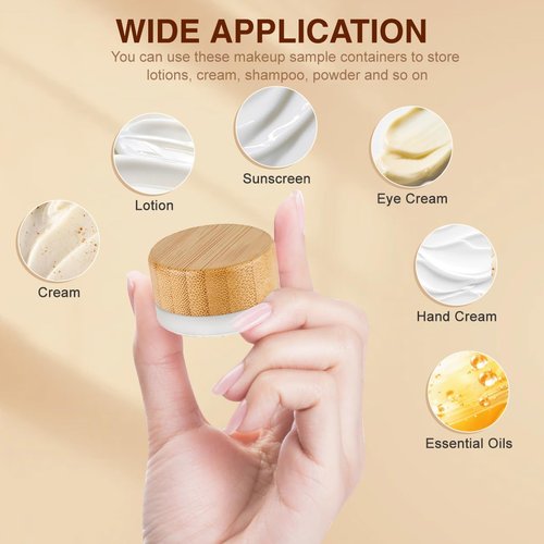 2PCS 5g/5ml/0.17oz Empty Upscale Frosted Glass Cream Jar Bottle Cosmetic Dispenser Refillable Container Pot Vial Holder Sample Storage with Eco Bamboo Lid For Eye Cream Lotion Ointments Lip Balm