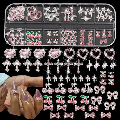 52PCS Pink and Silver Metal 3D Nail Charms Bulk, Bow, Heart, Cherry, Cross and Star Charms for Nails-Shiny Nail Rhinestones for Nail Art, Manicure, DIY Jewelry Making