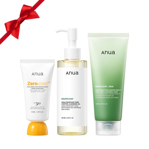 Anua After sun care trio set, Heartleaf Cleansing Foam+ Zero-Cast Moisturizing Finish Sunscreen, Heartleaf Pore Control Cleansing Oil, Face wash, Oil Cleanser, Facial sunscreen, Korean skincare set