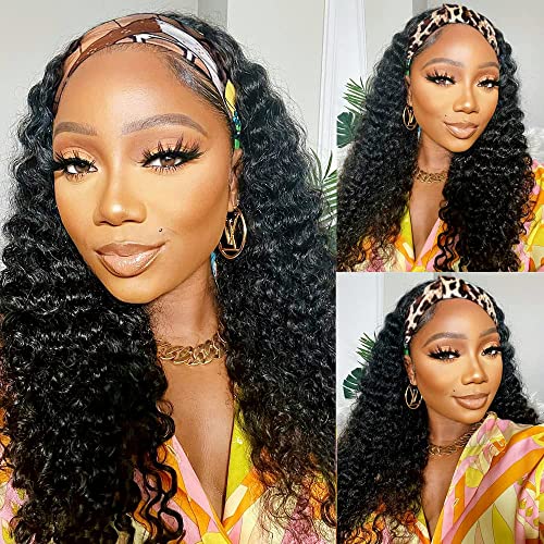 Long Human Hair Headband Wig Curly Headband Wig Deep Wave Wear and Go Glueless None Lace Human Hair Wigs Natural Color(28 inches)
