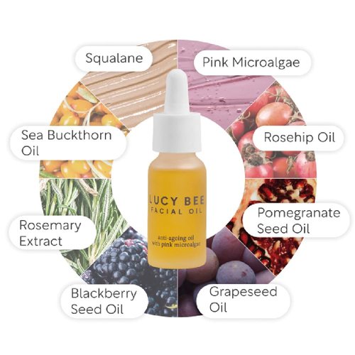 Lucy Bee Face Oil, Certified Organic, Antioxidant Rich Facial Oil, Pink Microalgae, Vitamin E & Squalane, Lightweight & Luxurious, Dermatologist Approved, Cruelty Free & Vegan, 0.6fl oz