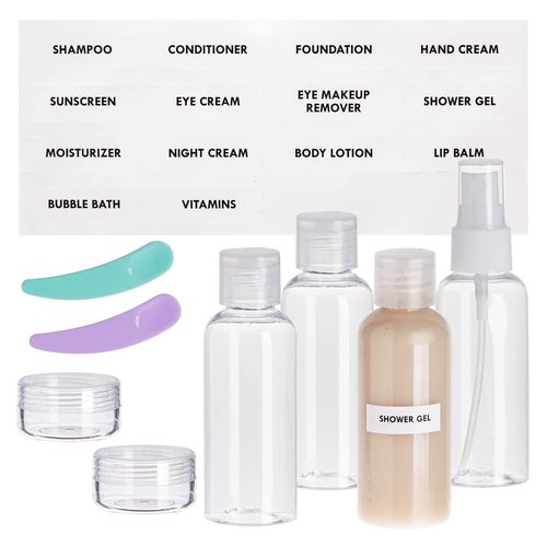 Okuna Outpost Clear Toiletry Bag Set - TSA Approved Bottles - Leak Proof Travel Containers - Versatile Packing Cubes & Travel Organizer - Grey, Yellow, Blue, Red - Pack of 4-7.5 x 2.5 x 5.5 in