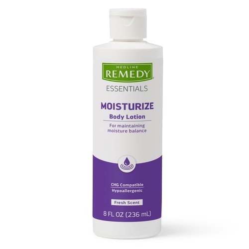 Medline Remedy Essentials Moisturizing Body Lotion (8 oz Bottle), 12 Count, Fresh Scent, Hydrating, Non-Greasy, For Dry Skin, Hypoallergenic, Men, Women, Elderly