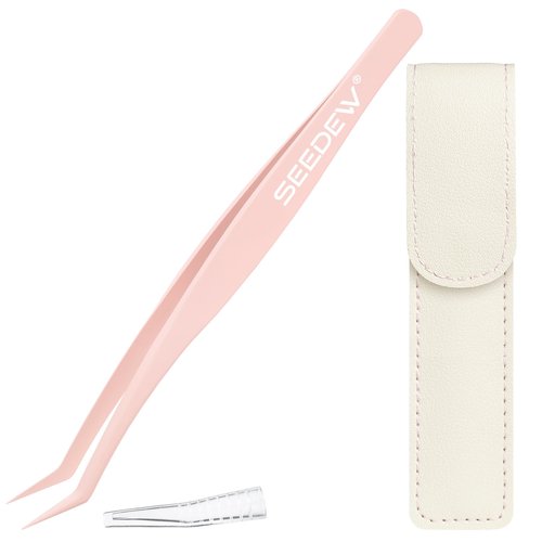 SEEDEW Tweezer P02 for DIY Lashes, Lash Application Tool, 1 PC Pointy Nano Coating Non-Stick Stainless Steel Curved Tweezer with a Protective Case, for Self-Adhesive/Pop-On Eyelash Extensions(Pink)
