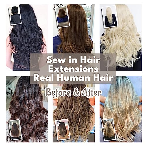 Sew in Hair Extensions Real Human hair, Double Drawn Weft Hair Extensions human hair, Silky Soft &Shiny Human hair extensions sew in, 100g Balayage Chocolate Brown to Caramel Blonde, 22 inch
