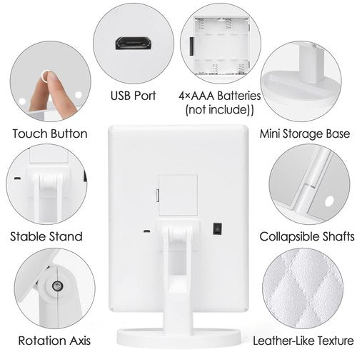 DenCert Makeup Mirror Vanity Mirror with Lights 1X 2X 3X 10X Magnification, Lighted Makeup Mirror, Touch Control, Tri-Fold Portable LED Makeup Vanity, Two Power Supply Modes, White