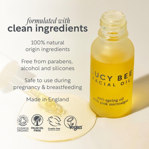 Lucy Bee Face Oil, Certified Organic, Antioxidant Rich Facial Oil, Pink Microalgae, Vitamin E & Squalane, Lightweight & Luxurious, Dermatologist Approved, Cruelty Free & Vegan, 0.6fl oz