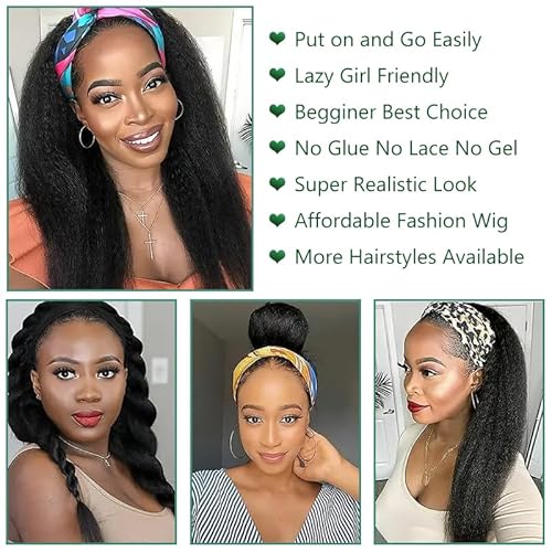 Zealady Human Hair 180 Density Yaki Straight Headband Wigs for Black Women, 14 Inch
