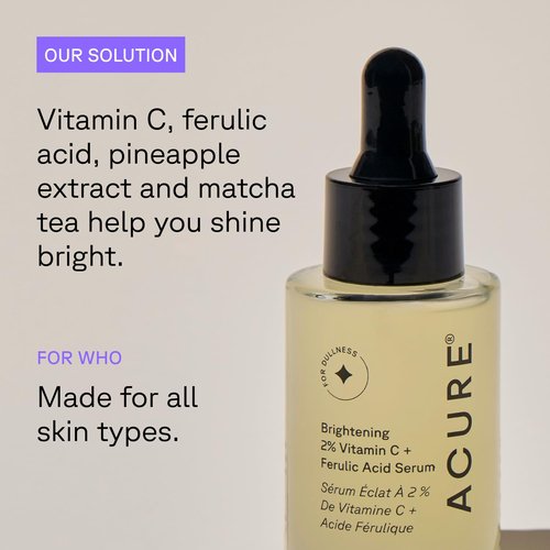 Acure Brightening 2% Vitamin C & Ferulic Acid Serum - Vit C Serum for Face, Anti Aging, Bright Glow for Women & Men, Facial Skincare, Vegan & Cruelty Free - 1 fl oz
