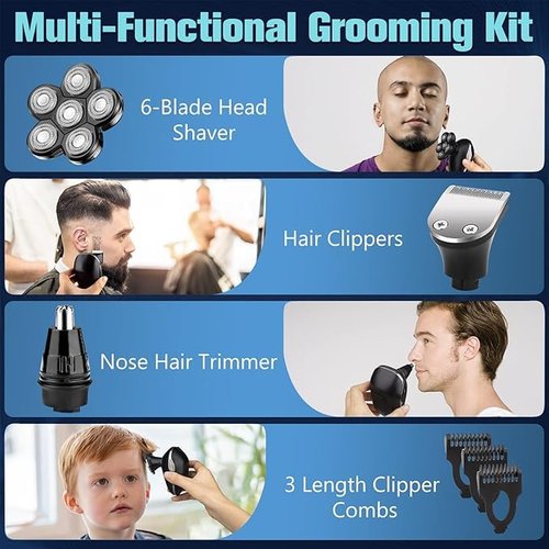 Electric Shaver for Men, 6 in 1 Electric Razor for Men, IPX7 Wet/Dry Waterproof Men's Shavers Rotary Head with Shavers Kit LED Display, Gifts for Husband, Dad,Boyfriend (Silver)