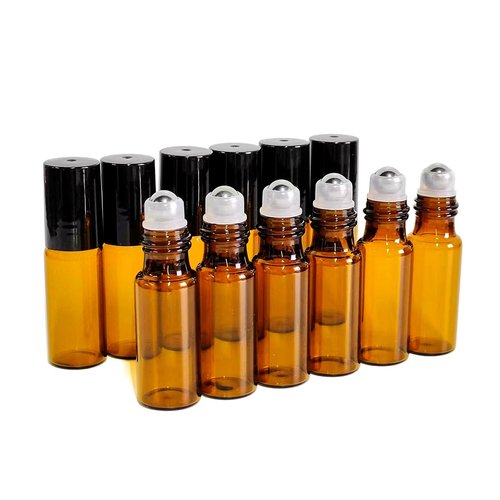 PYAWI 50 PCS 5ml Amber Glass Roller Bottle,Essential Oil Sample Vials with Stainless Steel Roller Ball,Black Caps,for Travel Perfume Cosmetics Small Container(2 Funnels, 2 Dropper, 1 Opener) (5ml)