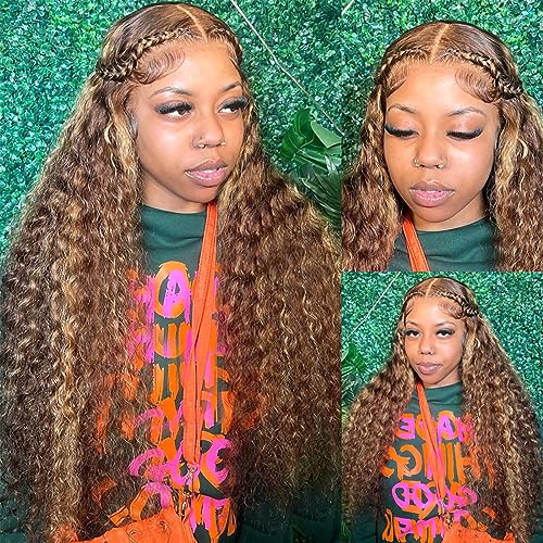 30 Inch 4/27 Highlight Ombre 13x6 Lace Front Wigs Human Hair Deep Wave Wig for Black Women Pre Plucked with Baby Hair 180% Density Brazilian Virgin Deep Curly Lace Frontal Wet and Wavy Human Hair Wigs