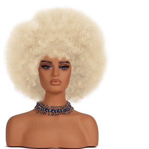 MISSSPECIAL Afro Wig 70s Curly Wigs for Black Women Glueless Afro Wigs Large Bouncy and Soft Natural Looking Full Wigs Big Afro Puff Wig With Bangs Synthetic Hair Wig for Daily (Platinum, Afro Wig)