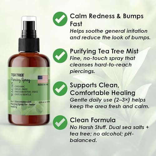 Wacan Advanced Tea Tree Piercing Spray, Saline Aftercare Piercing Cleaner for Bumps & Irritation, Alcohol-Free pH-Balanced, Safe for Ears Nose Belly