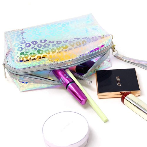 Small Makeup Bag for Purse Zipper Pouch Travel Cosmetic Organizer for Women and Girls (Leopard Hologram)