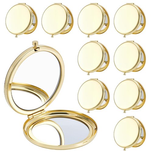 arricraft 10 Pcs Small Folding Makeup Pocket Mirror, Golden Double-Sided 1X/2X Magnifying Round Metal Mirrors for Women Travel Work Date